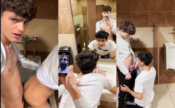 Brave and horny boys in the restaurant bathroom