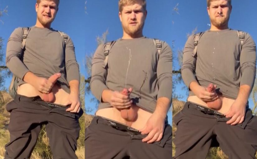 Adventure influencer shooting a huge load in the mountains
