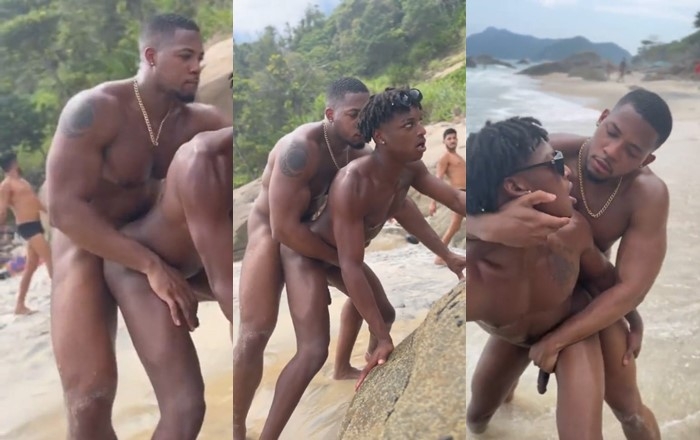 Hot black guys enjoy fun on public beach