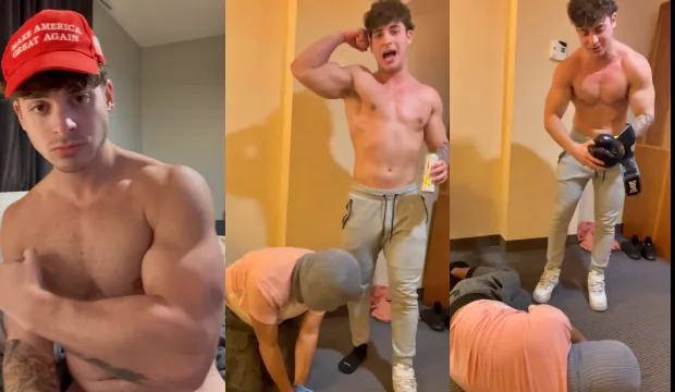 Conservative dom boy beating up a faggot for fun and money